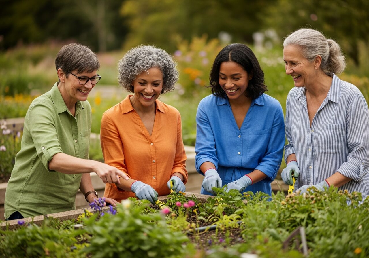 A small outdoor gardening class among raised flower beds in a botanical garden