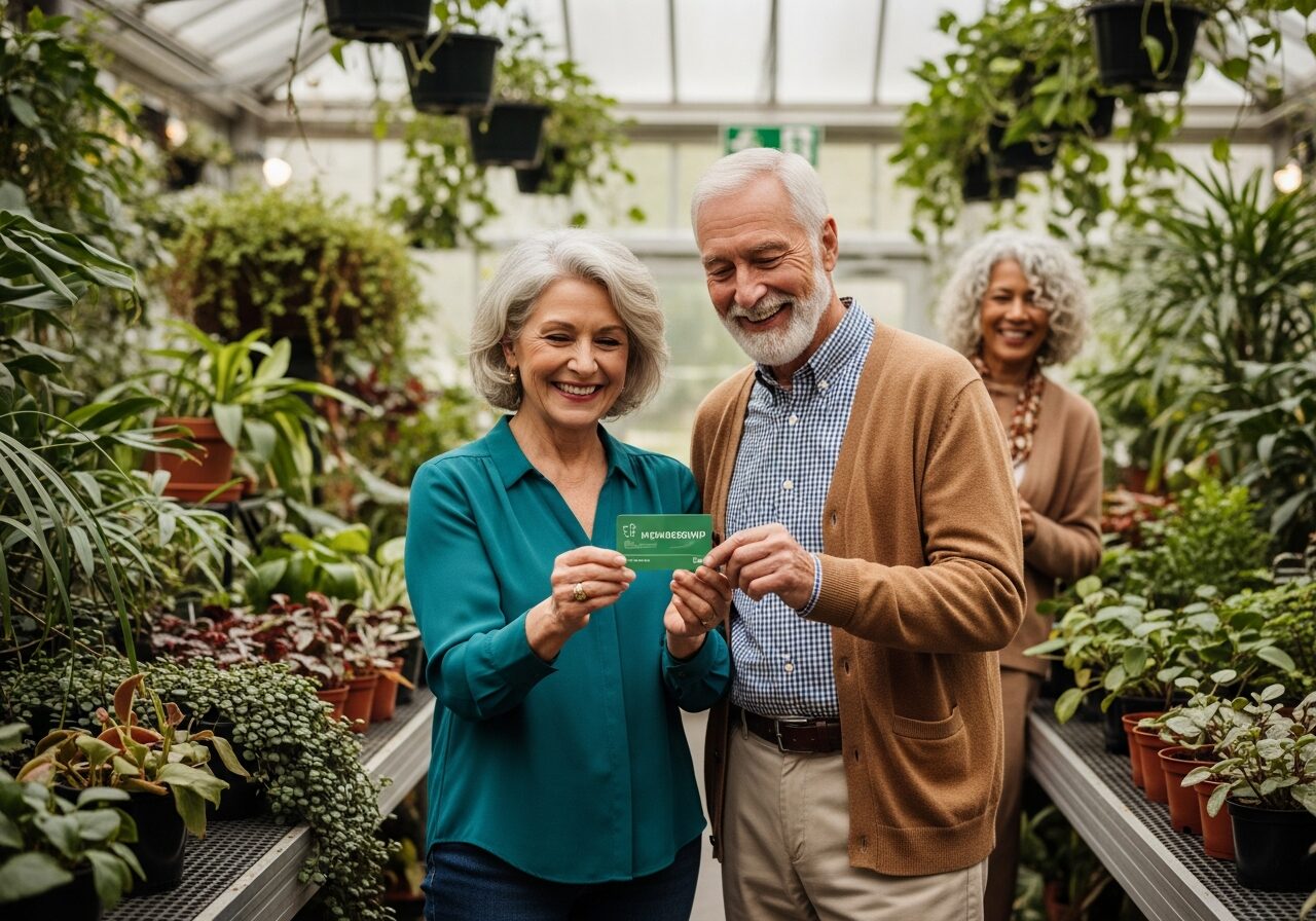 An older couple showing a digital membership card at a garden visitor center