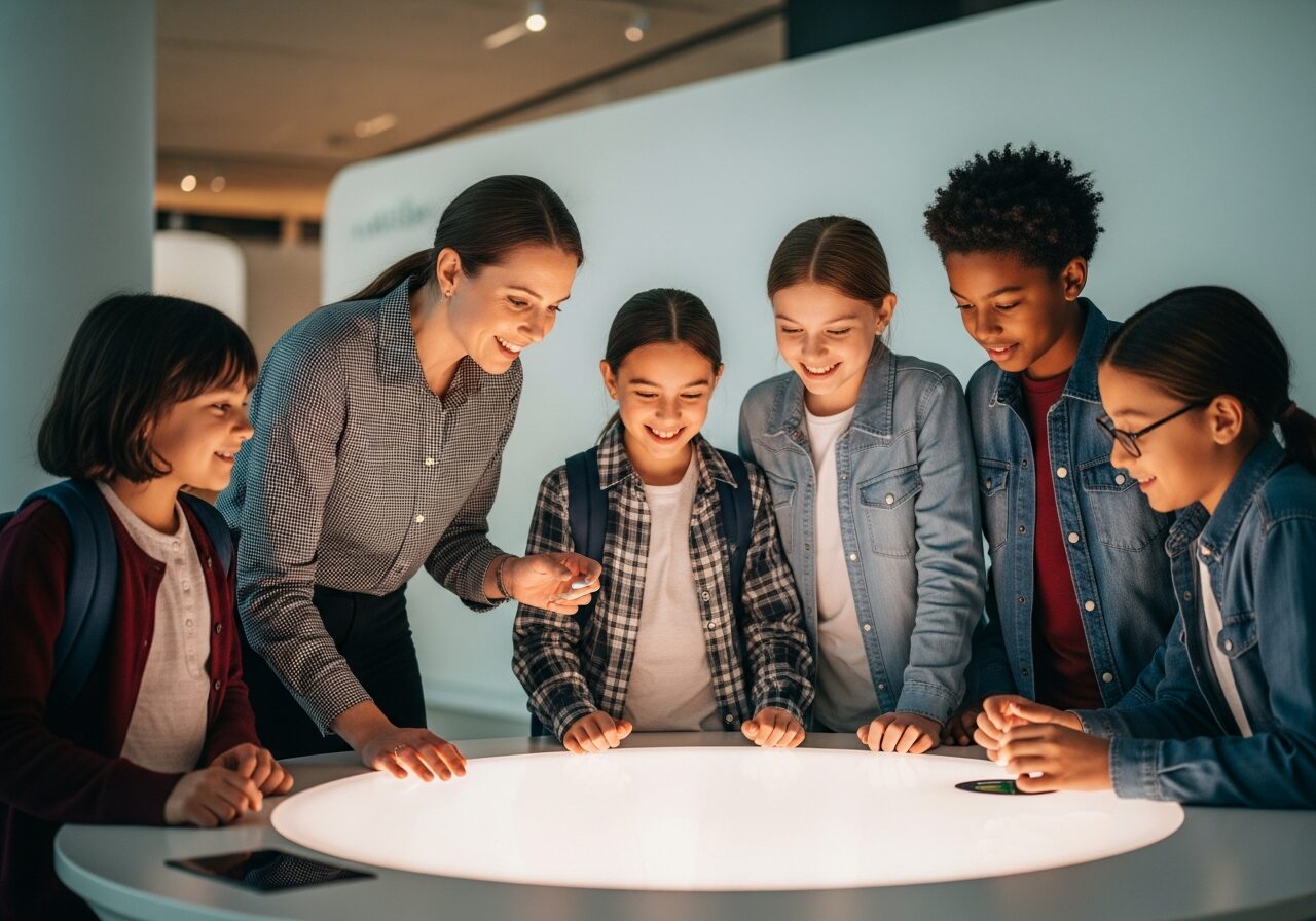 Schoolchildren and a teacher exploring a hands-on exhibit in a bright science center