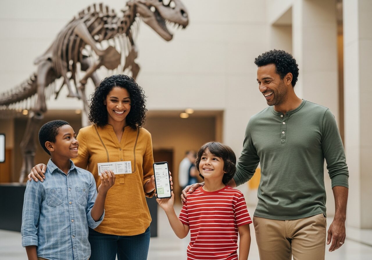 A family arriving at a natural history museum, a parent holding up a phone with their ticket