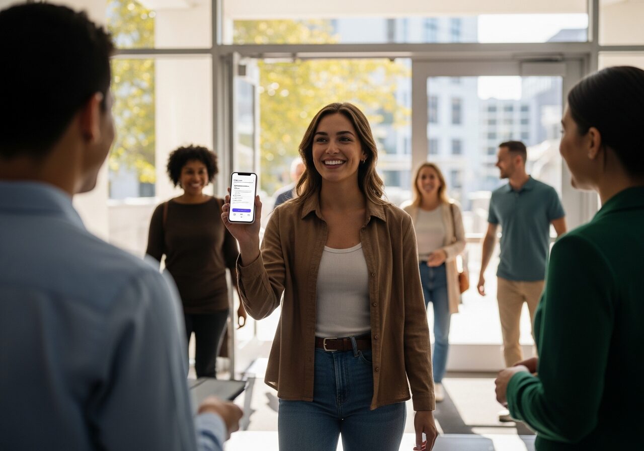 A smiling visitor holding up a mobile ticket as she is welcomed into a bright modern museum