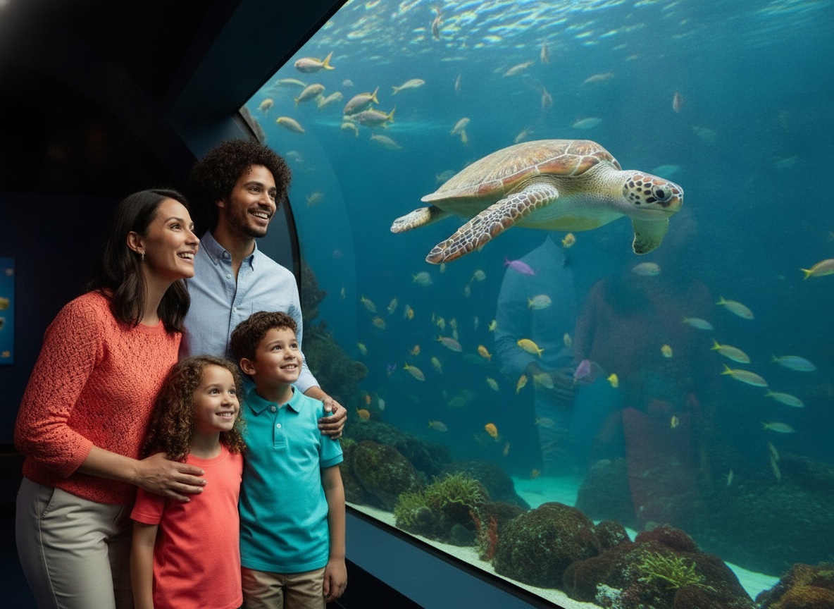 A family watching a sea turtle glide past a large aquarium viewing window